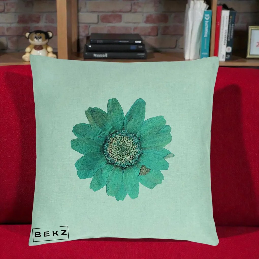 Perna Decorativa Floare Gerbera Teal Acuarela, 40x40 cm, Verde Menta, Husa Detasabila, Perna Inclusa, BEKZ®