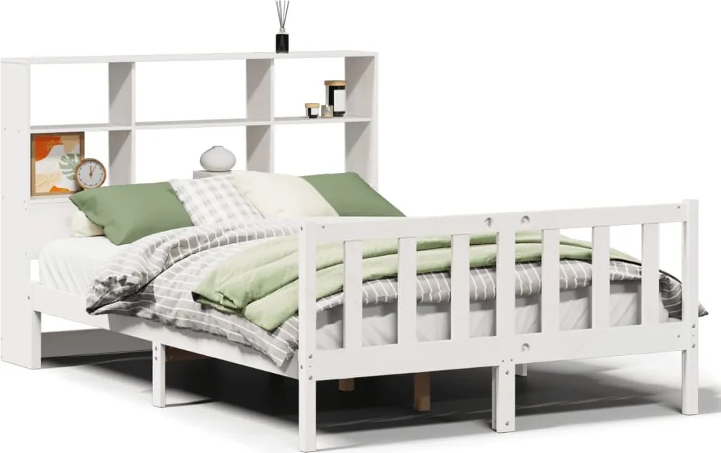 vidaXL Pat cu bibliotecă fără saltea, alb, 140x190 cm, lemn masiv pin