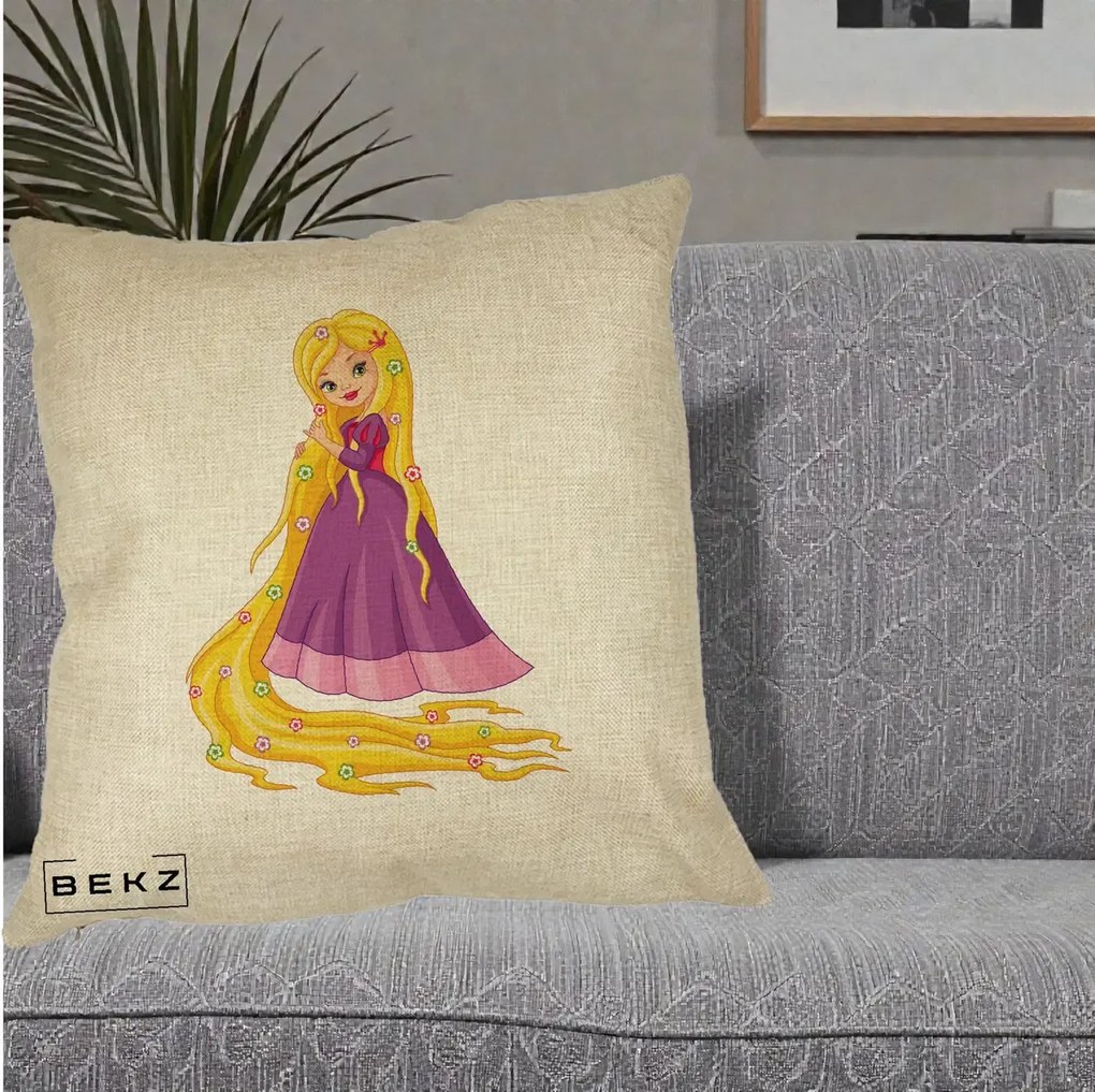 Perna Personalizata Rapunzel Par Lung Floral, 40x40 cm, Crem, Husa Detasabila, Perna Inclusa, BEKZ®