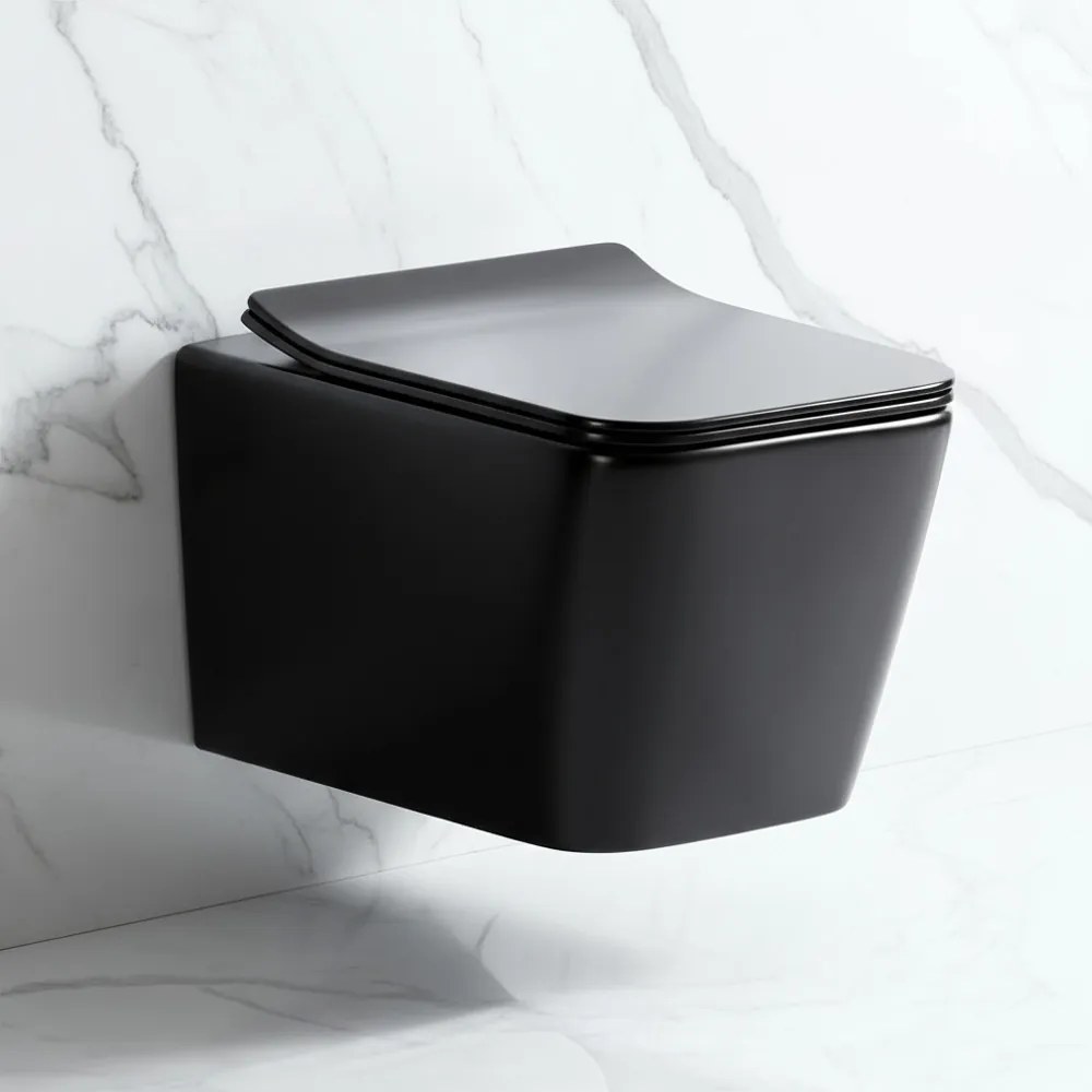 Tina toaletă fără margine montată pe perete cu scaun cu închidere moale negru