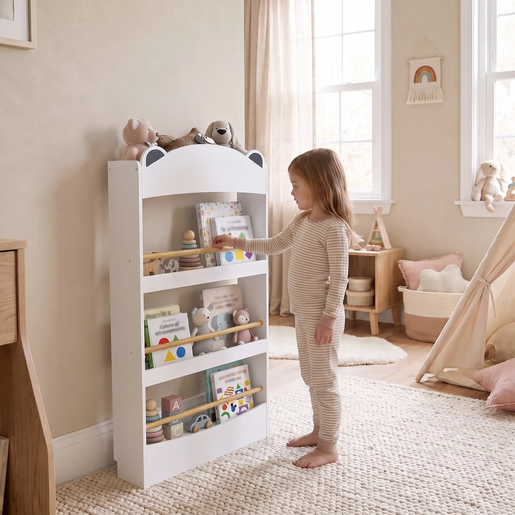 AIYAPLAY Bibliotecă Montessori pentru Copii 3-8 Ani, Ursuleț, cu 4 Polițe din Lemn, 50x15x97 cm, Alb | Aosom Romania