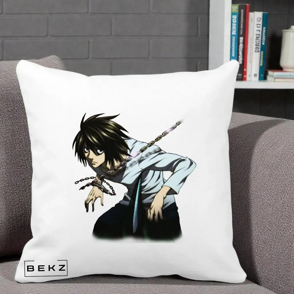 Perna Personalizata Death Note L Lawliet Lanturi, 40x40 cm, Alba Mata, Husa Detasabila, Perna Inclusa, BEKZ®