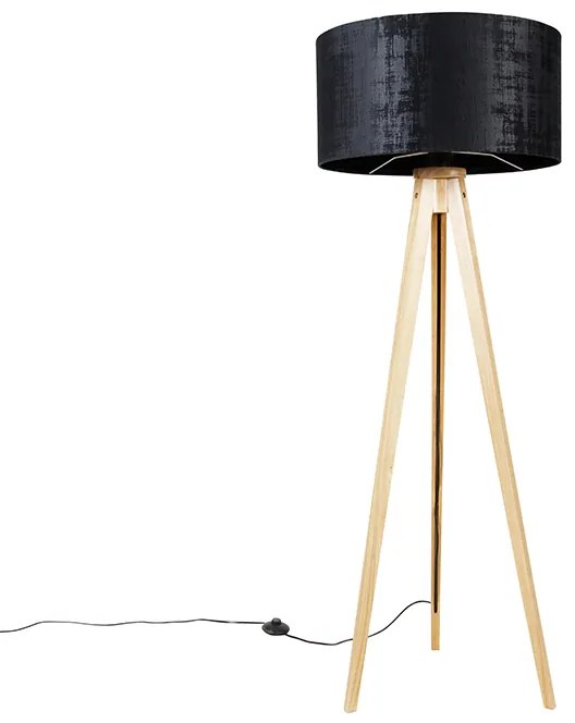 Lampă de podea din lemn cu abajur din stofă negru 50 cm - Tripod Classic
