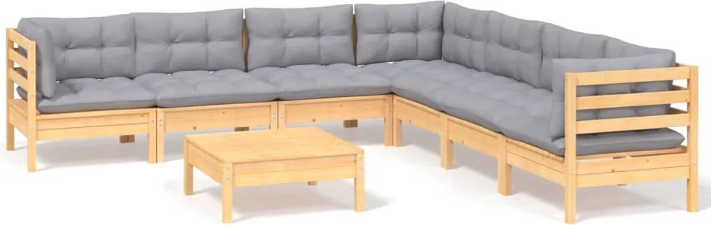 vidaXL Set mobilier de grădină cu perne gri, 8 piese, lemn masiv pin
