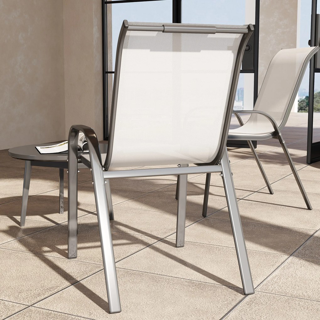 Outsunny Set de 2 Scaune de Exterior pentru Masă, Scaune Stivuibile cu Spătar Înalt, Șezut din Plasă Respirabilă pentru Grădină, Terasă, Gri Deschis | Aosom Romania