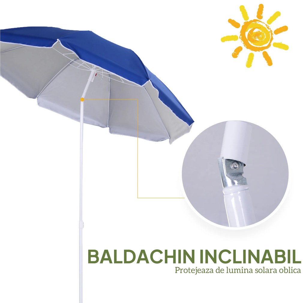 Outsunny Umbrelă de Plajă cu Acoperiș Înclinabil, Geantă de Transport și Design în 3 Secțiuni, Ø1.6x2.05 m, Albastru | Aosom Romania