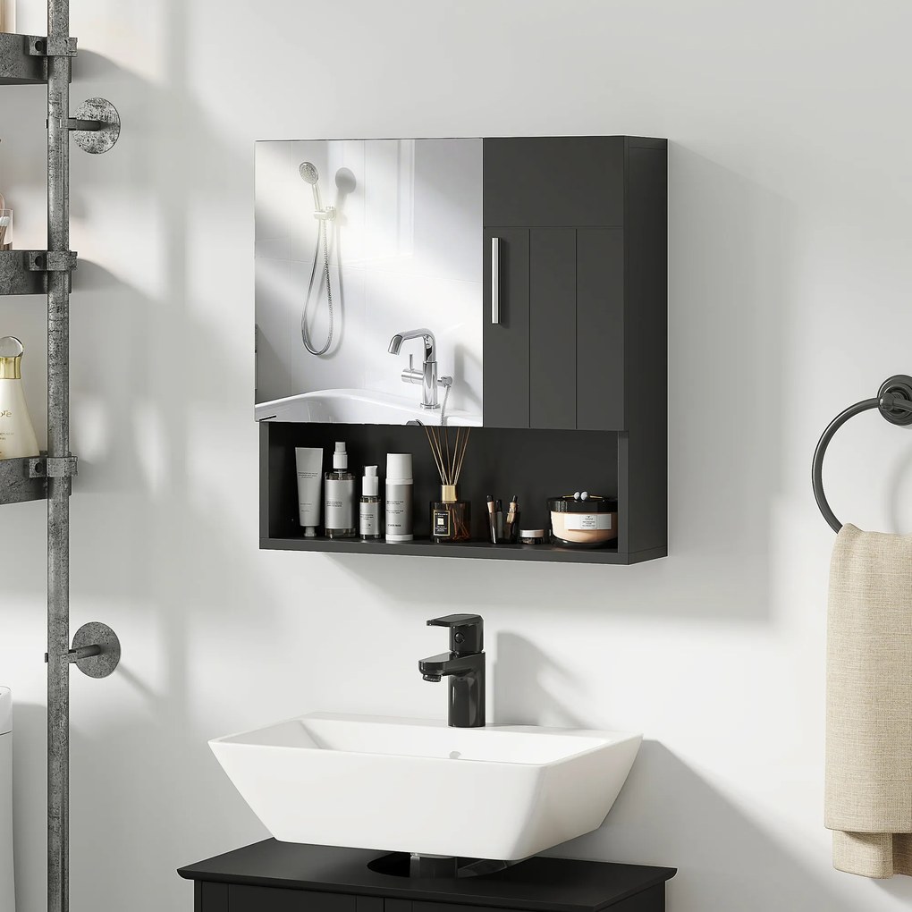 kleankin Dulap cu Oglindă pentru Baie 2 Uși și Raft Deschis 54x15.2x55.3 cm Negru | Aosom Romania