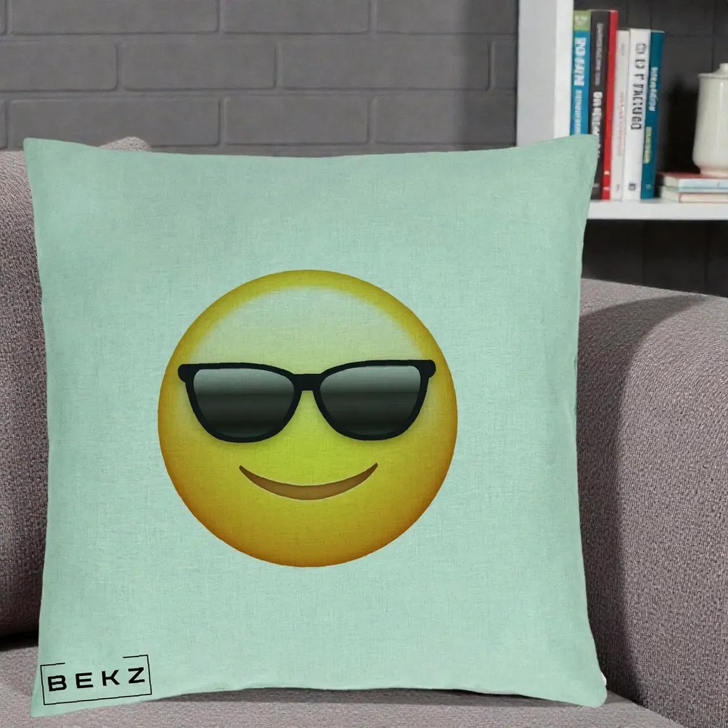 Perna Decorativa Emoji Cool Ochelari, 40x40 cm, Verde Menta, Husa Detasabila, Perna Inclusa, BEKZ®