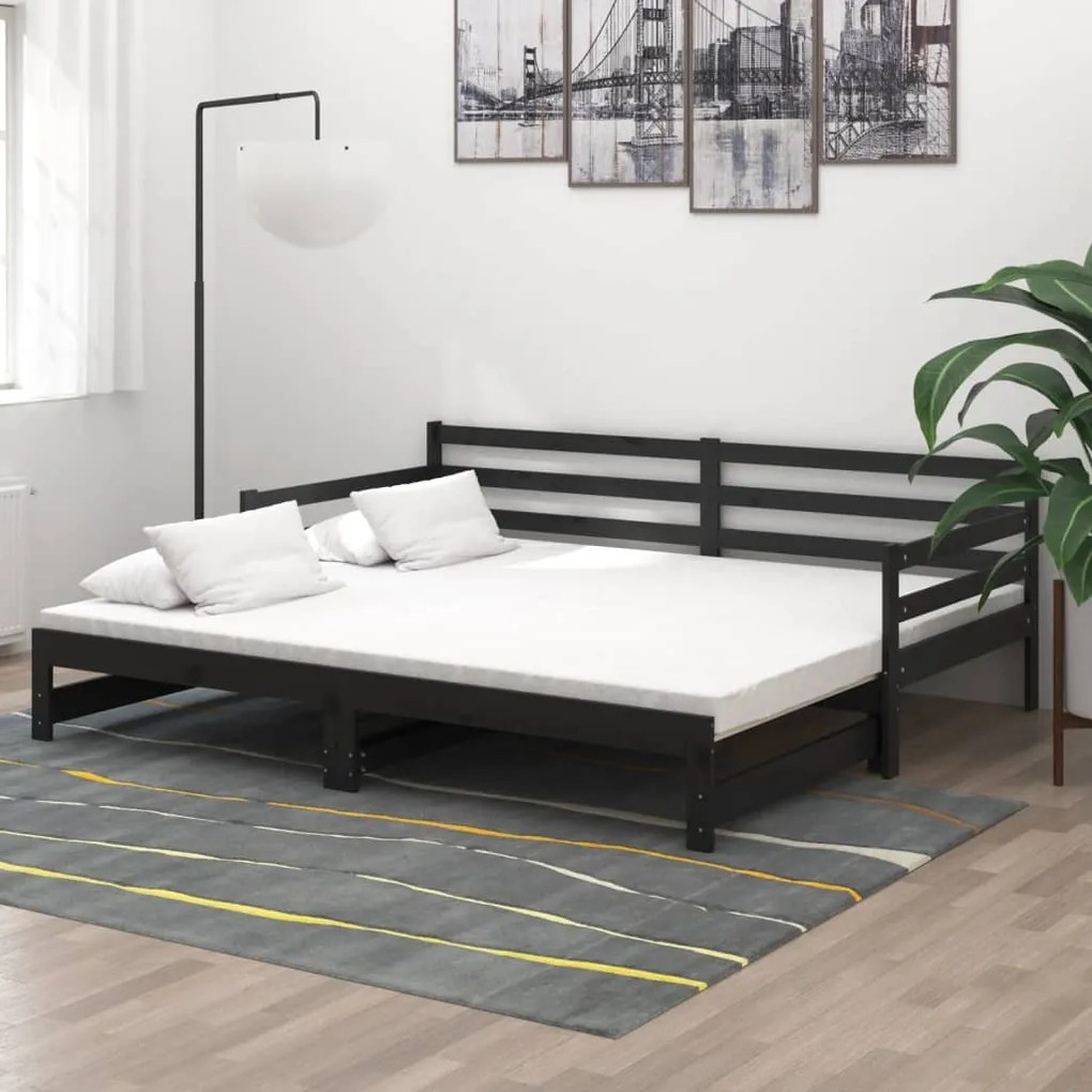 vidaXL Pat extensibil de zi, negru, 2x(90x200) cm, lemn masiv de pin