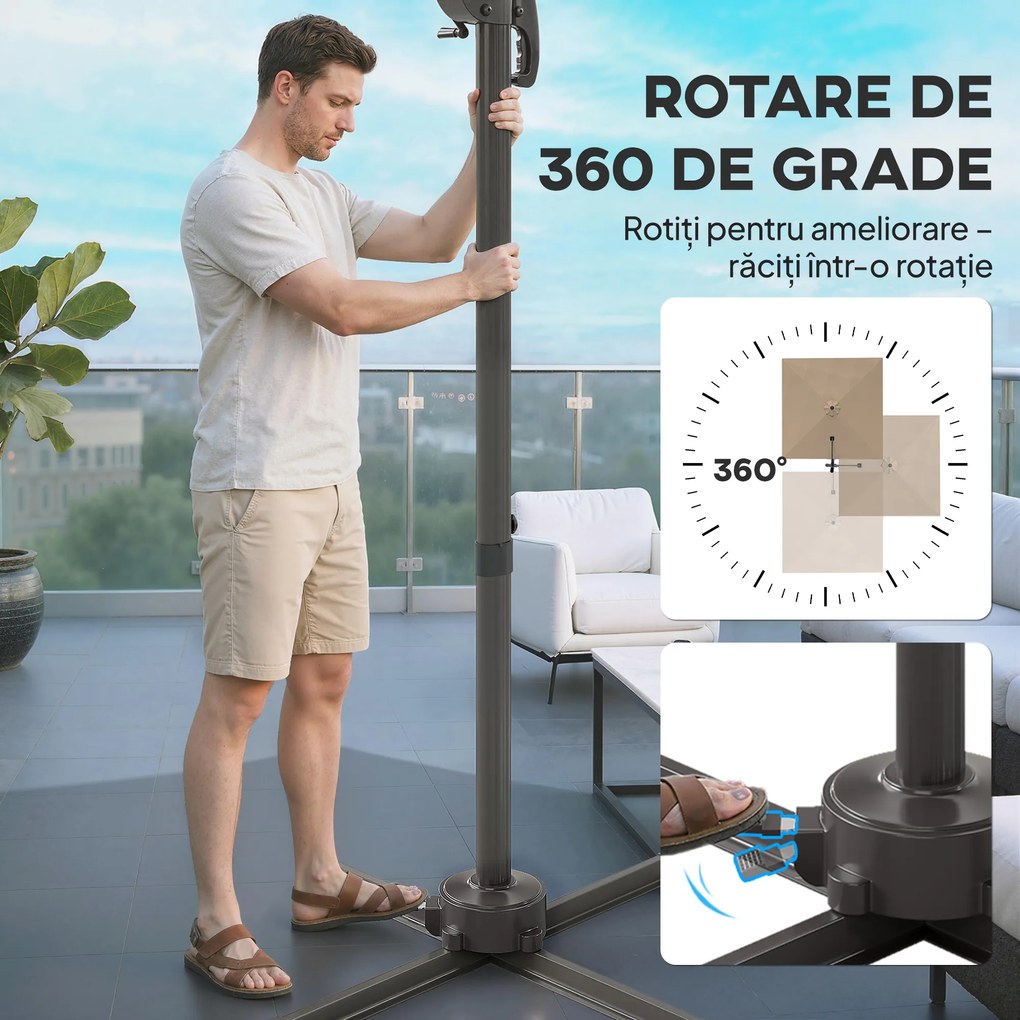 Outsunny Umbrelă de Grădină Offset cu Manivelă 3x3m Inclinabilă, Rotativă 360°, cu Bază în Cruce și Husă, din Aluminiu, pentru Terasă Piscină, UV30+, Bej | Aosom Romania