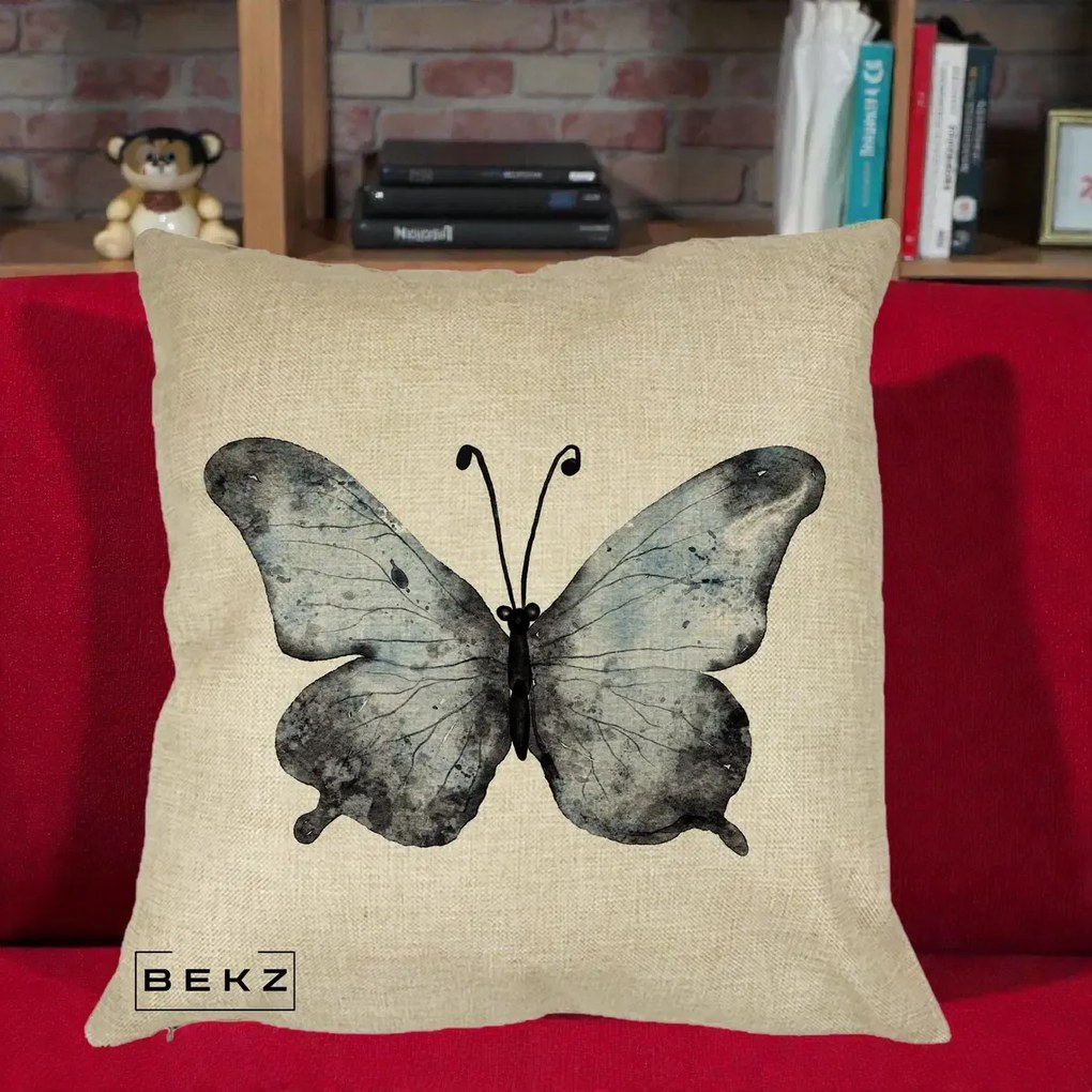 Perna Decorativa Fluture Acuarela Albastru-Gri, 40x40 cm, Crem, Husa Detasabila, Perna Inclusa, BEKZ®