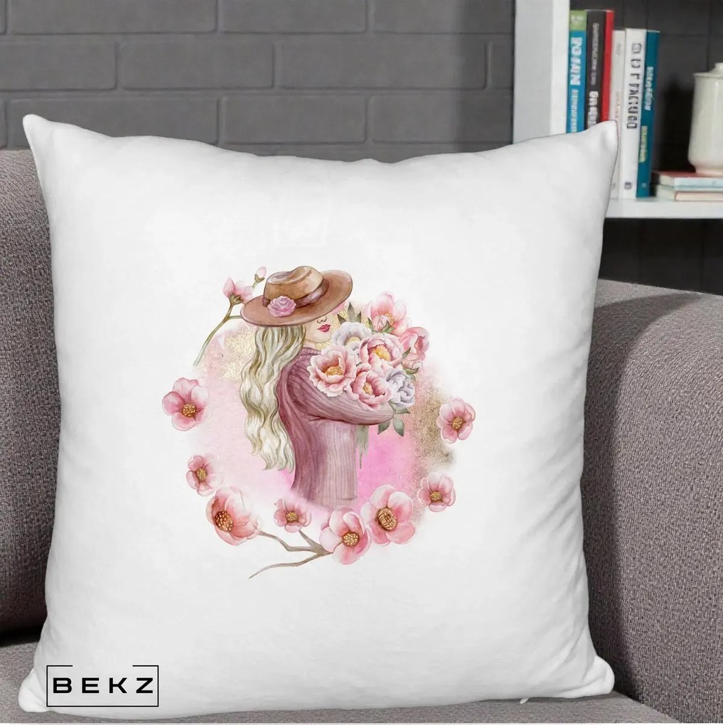 Perna Decorativa Femeie cu Flori Roz Acuarela, 40x40 cm, Alb Pufos, Husa Detasabila, Perna Inclusa, BEKZ®