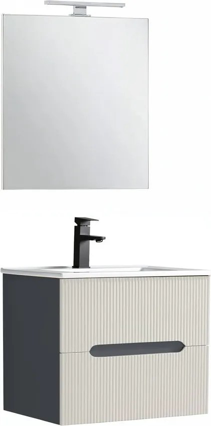 Trent mobilier de baie 60 cm ceramică chiuvetă (2 sertare) cu oglindă 60x80 cm antracit gri-alb