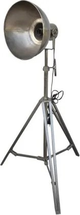 Lampă de podea industrială din metal, trepied reglabil, abajur tip reflector, finisaj argintiu antichizat, 74 x 61 x 182 cm, „Flashlight"