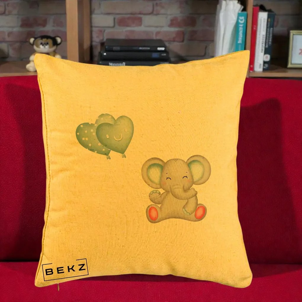 Perna Decorativa, Model Elefant si baloane in forma de inimioare, 40x40 cm, Galben, Husa Detasabila, Perna Inclusa, BEKZ®