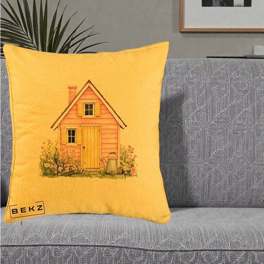 Perna Decorativa Casuta Roz Acuarela cu Gradina, 40x40 cm, Galben, Husa Detasabila, Perna Inclusa, BEKZ®