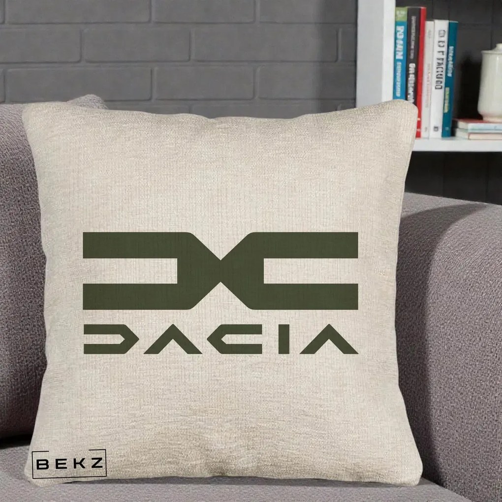 Perna Personalizata cu emblema Dacia, 40x40 cm, Bej Canapea, Husa Detasabila, Perna Inclusa, BEKZ®