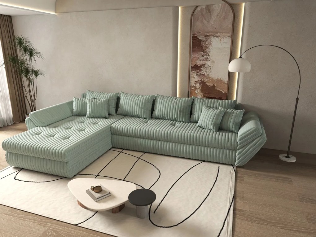 Colțar extensibil dumonde cu ladă de depozitare si sezut confortabil din spuma high-density, Loana XL Ambience Mint 335x185 cm