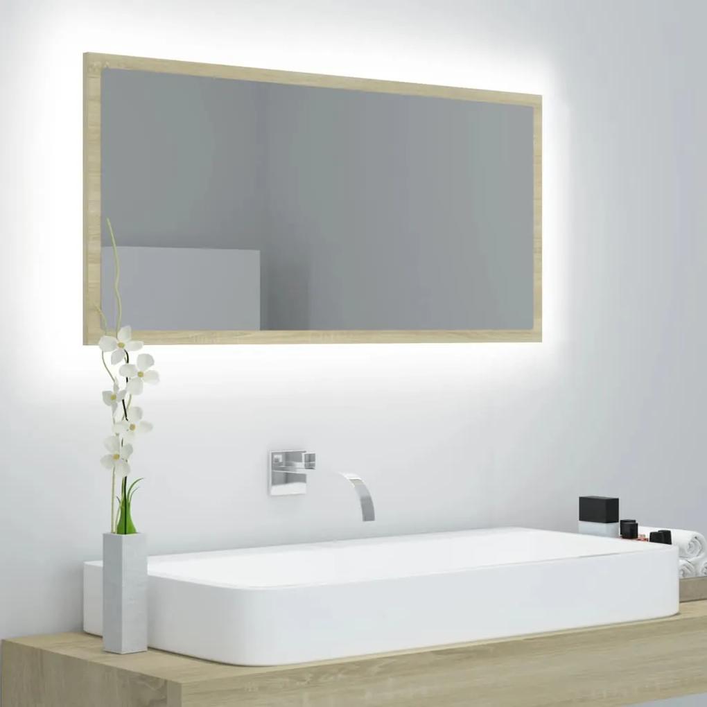 Oglinda de baie cu LED, stejar sonoma, 90x8,5x37 cm, acril