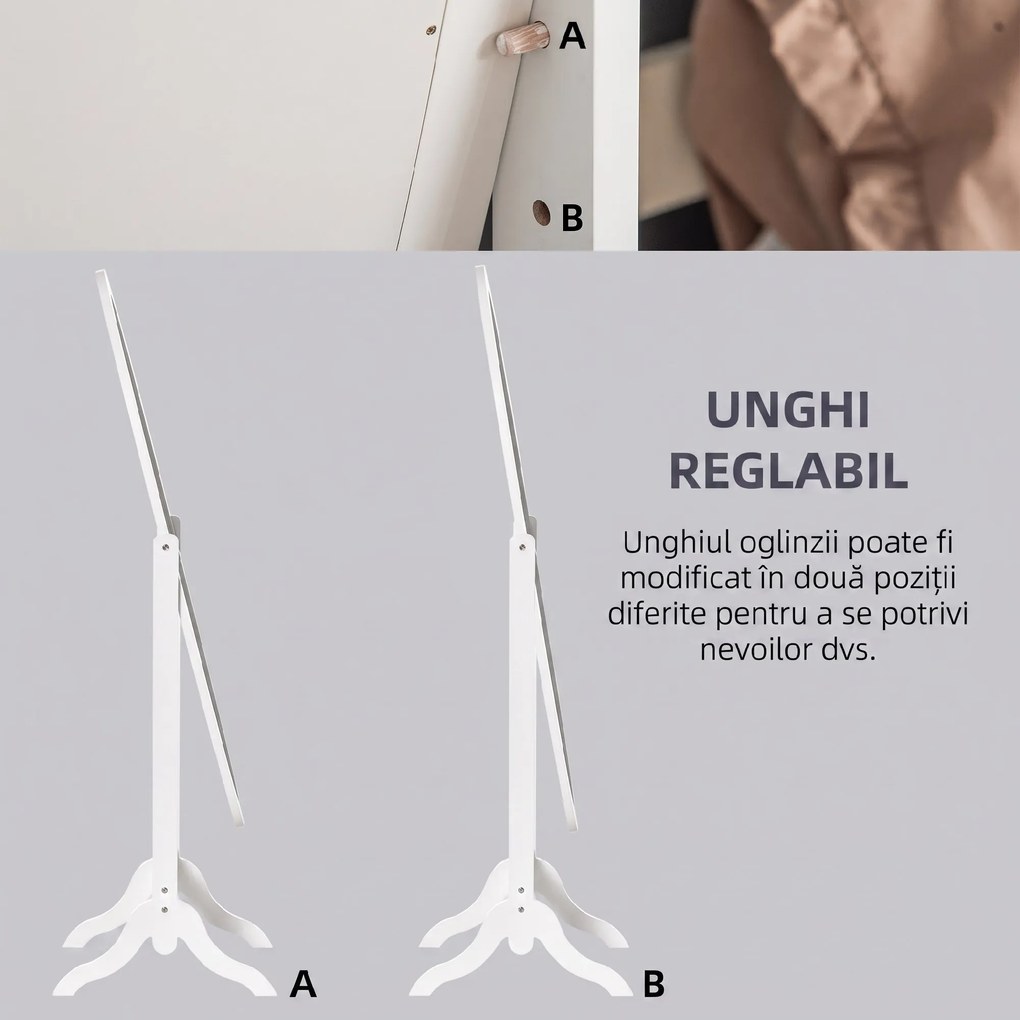 HOMCOM oglinda reglabila cu suport, 47.5x45.5x154.5cm, alba | Aosom Romania