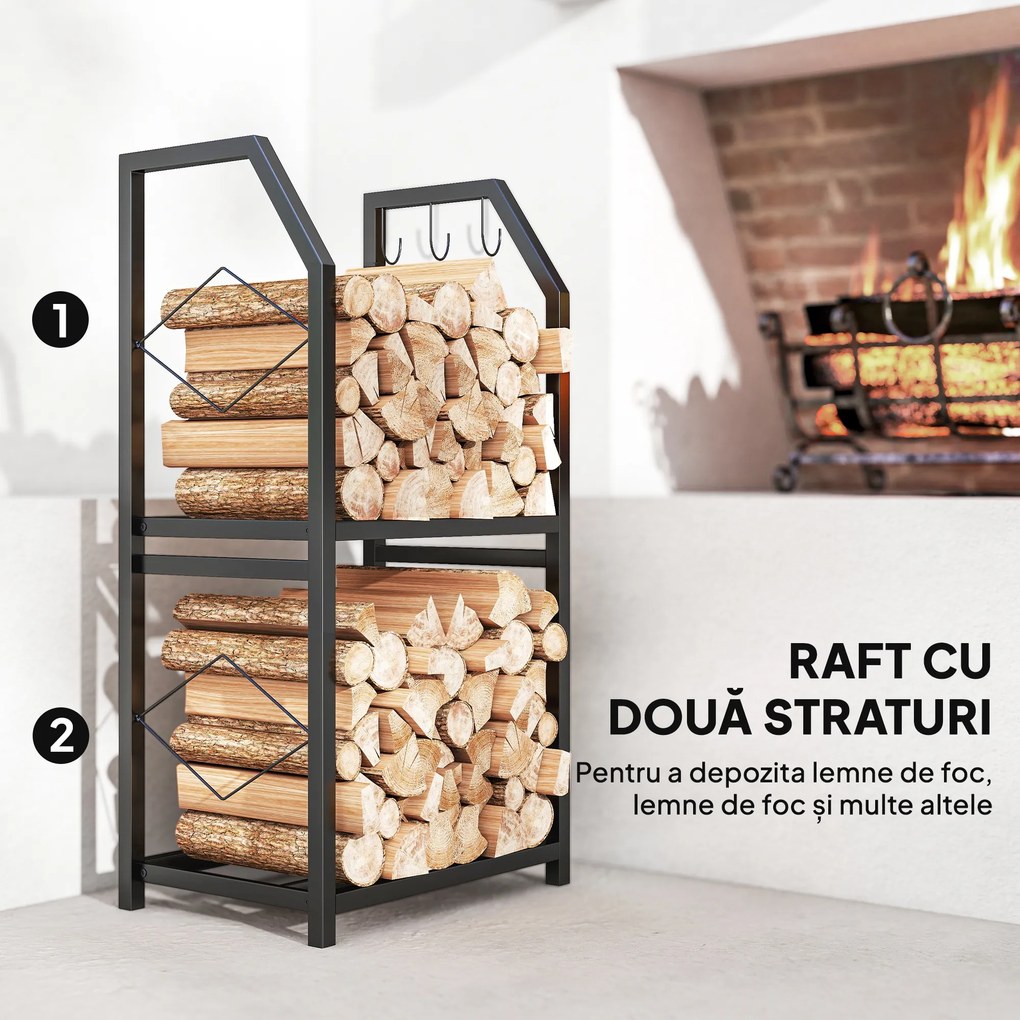 Outsunny Suport de Lemne din Oțel pe 2 Nivele cu 3 Cârlige Laterale 41x30x81cm Negru | Aosom Romania