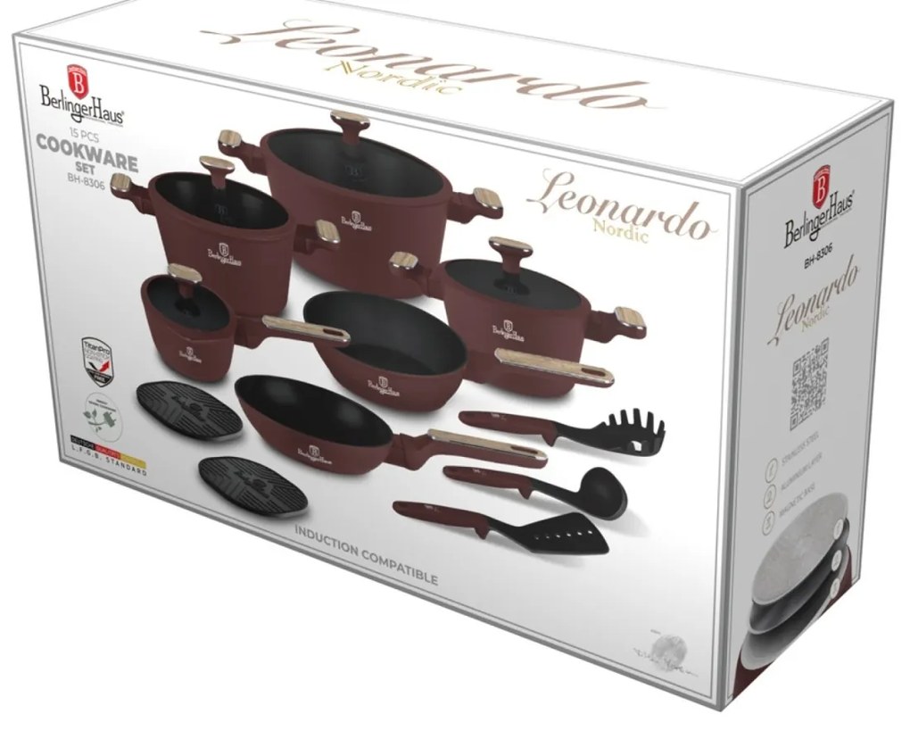 Set oale si tigai 15 piese Leonardo Nordic Berlinger Haus BH 8306, antiaderente, manere cu insertie lemn, visiniu mat