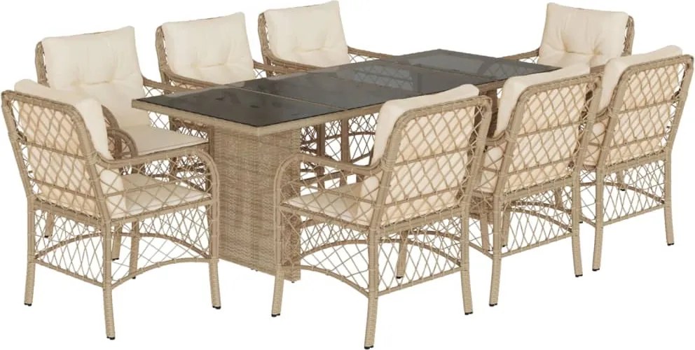 vidaXL Set de masă pentru grădină, 9 piese, cu perne, bej, poliratan