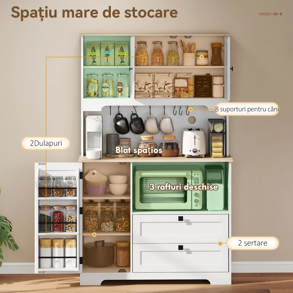 HOMCOM Bufet de Bucătărie Înalt 162 cm, Mobilier de Depozitare cu 2 Dulapuri, 2 Sertare, Suport Condimente, Orificii pentru Cabluri, Rafturi Reglabile, Blat pentru Cuptor cu Microunde, Suporturi pentru Cești, Alb | Aosom Romania