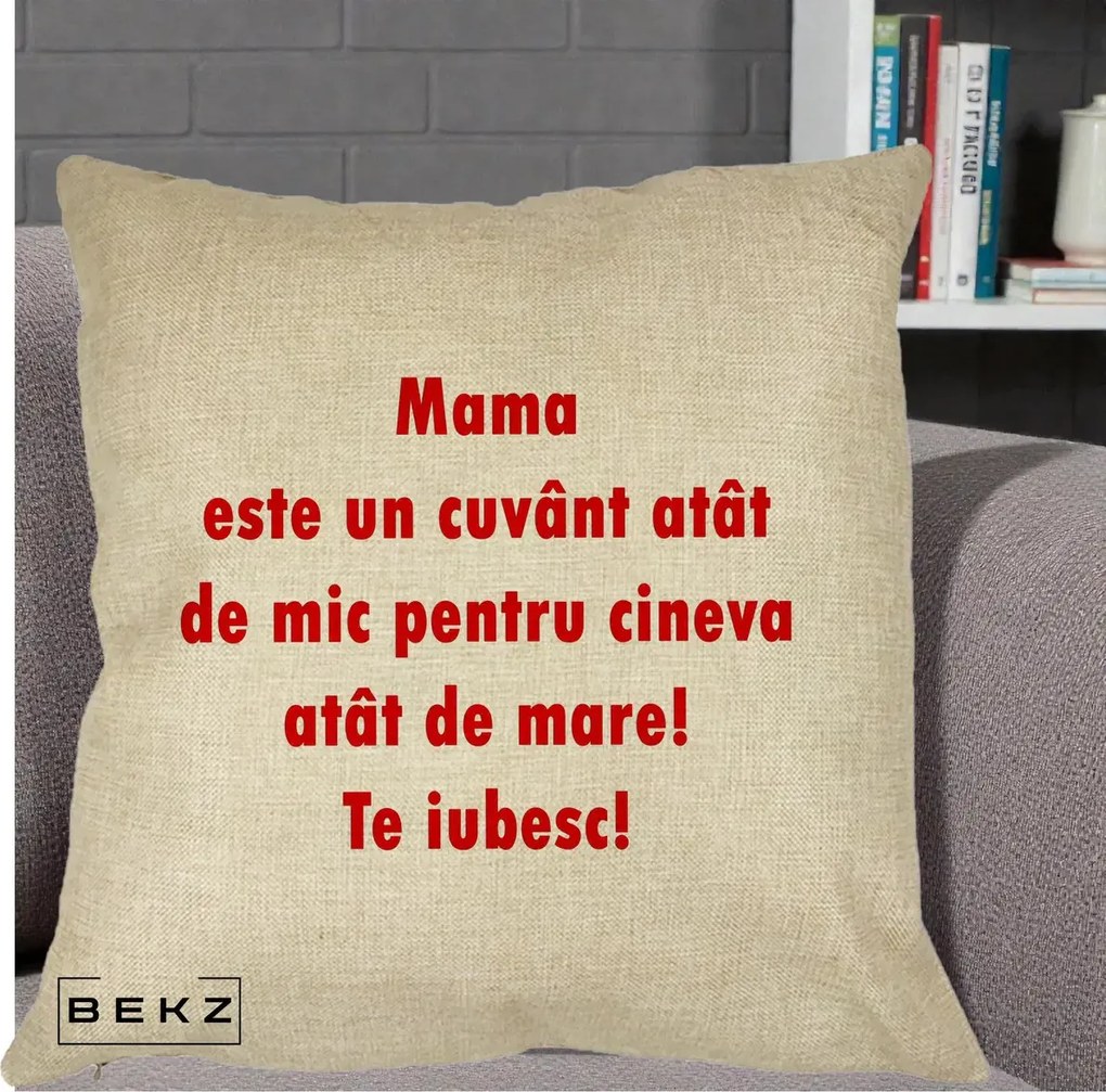 Cadou pentru Mama - Perna Personalizata Mama Cuvant Mic, 40x40 cm, Crem, Husa Detasabila, Perna Inclusa, BEKZ®