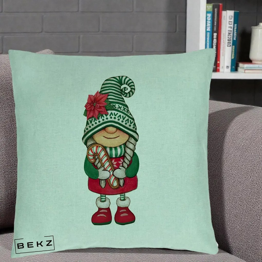 Perna Decorativa Gnom Craciun Verde cu Bomboane si Floare, 40x40 cm, Verde Menta, Husa Detasabila, Perna Inclusa, BEKZ®