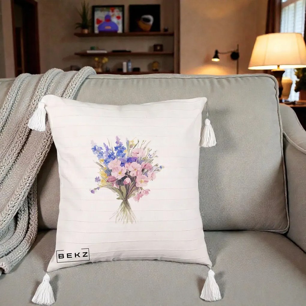 Perna Decorativa Buchet Floral Acuarela Primavara, 40x40 cm, Bej cu Franjuri, Husa Detasabila, Perna Inclusa, BEKZ®