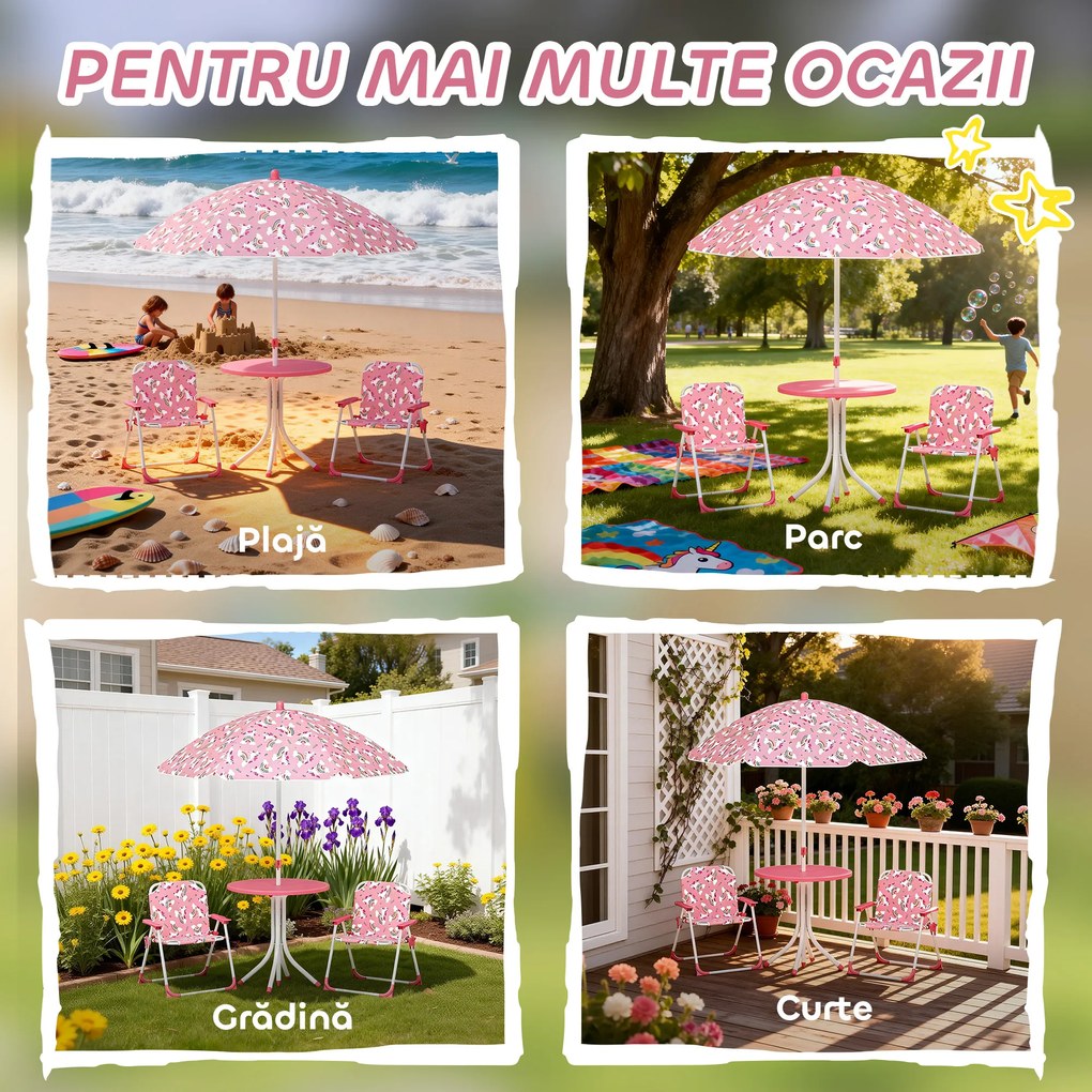 AIYAPLAY Masă de Picnic pentru Copii, Set Masă și Scaune cu 2 Scaune Pliabile și Umbrelă Detasabilă, Temă Junglă, Mobilier de Exterior pentru Grădină, Patio, Roz | Aosom Romania