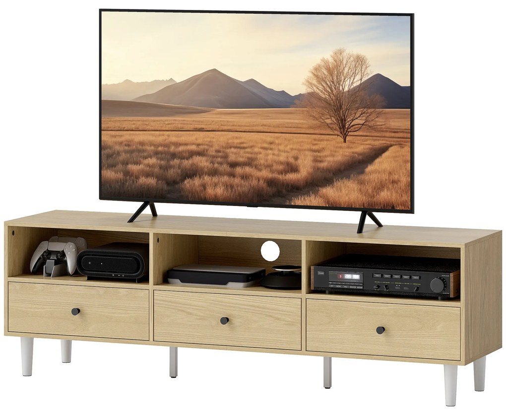 HOMCOM Mobilier TV pentru până la 75", cu 3 sertare, 3 rafturi deschise și canal pentru cabluri, 140 x 34 x 45 cm, lemn natural | Aosom Romania
