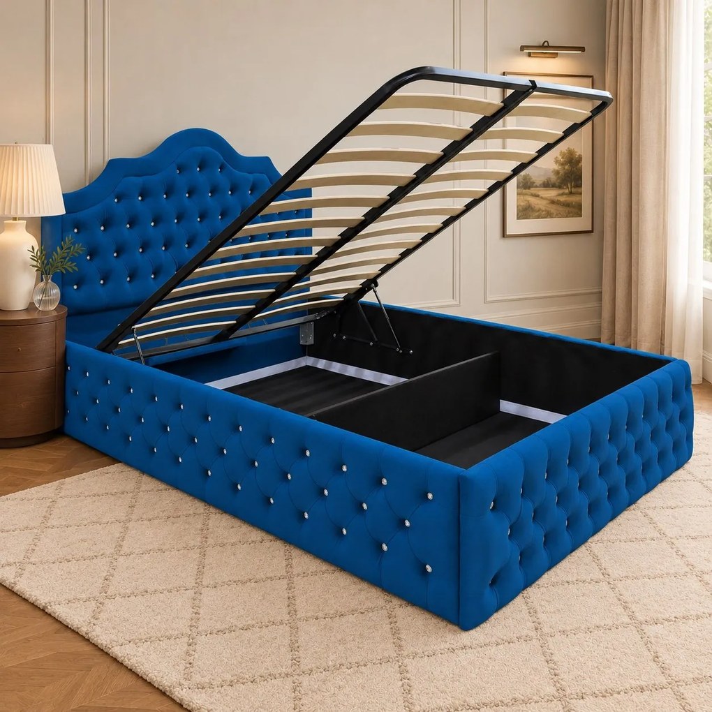Pat tapițat Chesterfield din catifea Imperio Deluxe 140×200 cm, albastru, cu ladă de depozitare