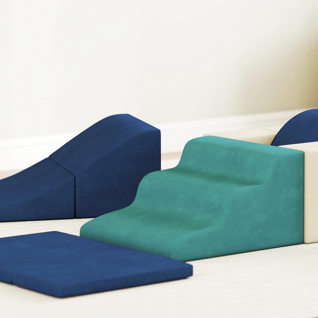 AIYAPLAY Set 7 Blocuri Construcții Moi Copii Până la 3 Ani în Catifea Albastru | Aosom Romania