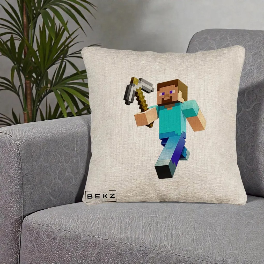 Perna Personalizata Minecraft Steve cu Tarnacop, 40x40 cm, Bej Canapea, Husa Detasabila, Perna Inclusa, BEKZ®