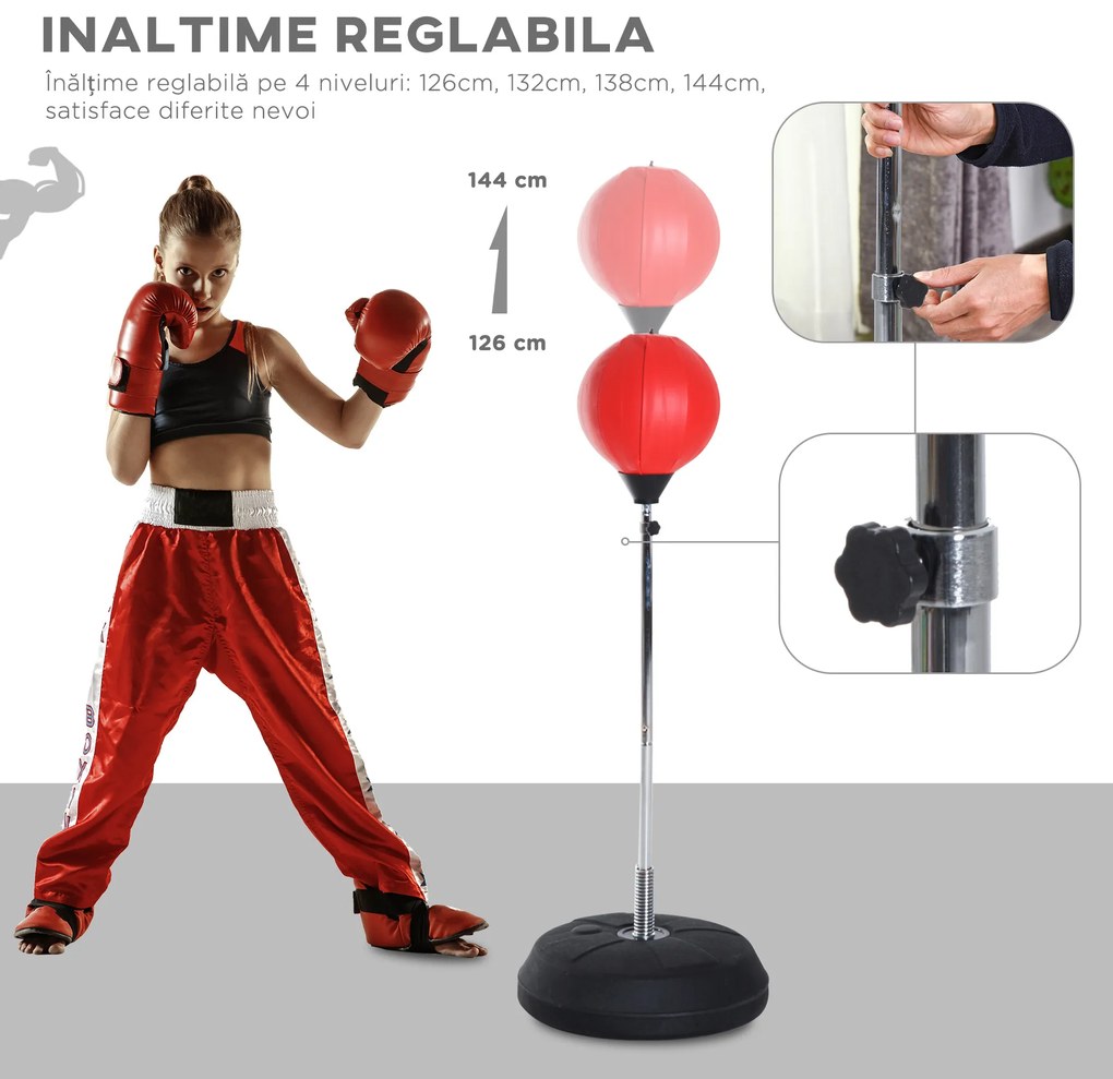 HOMCOM Sac de Box de Podea cu Înălțime Reglabilă, Mănuși de Box și Bază Umplută, 43x43x126-144 cm, Roșu | Aosom Romania
