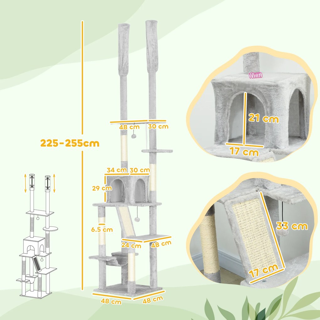 PawHut Copac zgârietoare de tavan cu înălțime ajustabilă 225-255cm Gri deschis | Aosom Romania