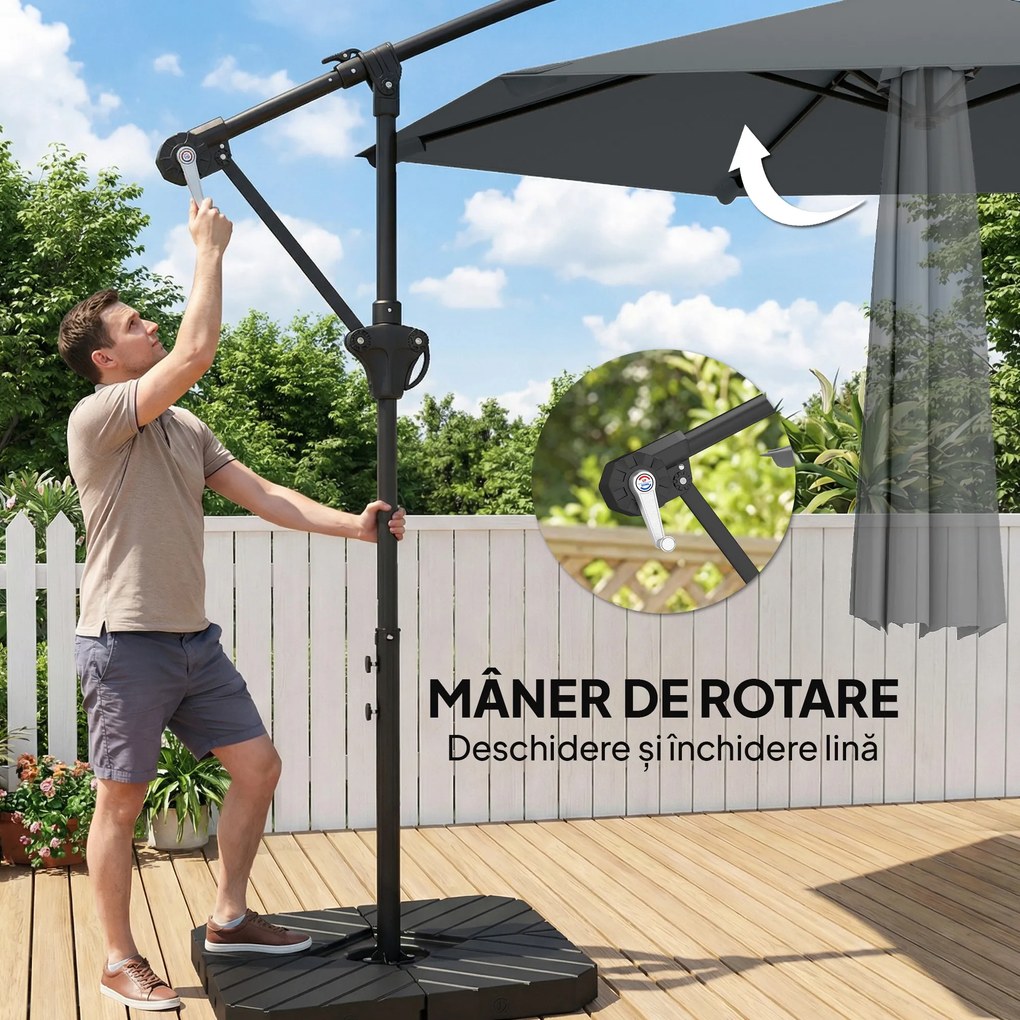 Outsunny Umbrelă de Grădină Offset 3x3 m, Umbrelă de Exterior cu Greutăți Reumplibile, Bază în Formă de Cruce, Sistem de Blocare, Manivelă, pentru Piscină Terasă, UV 30+, Gri Închis | Aosom Romania