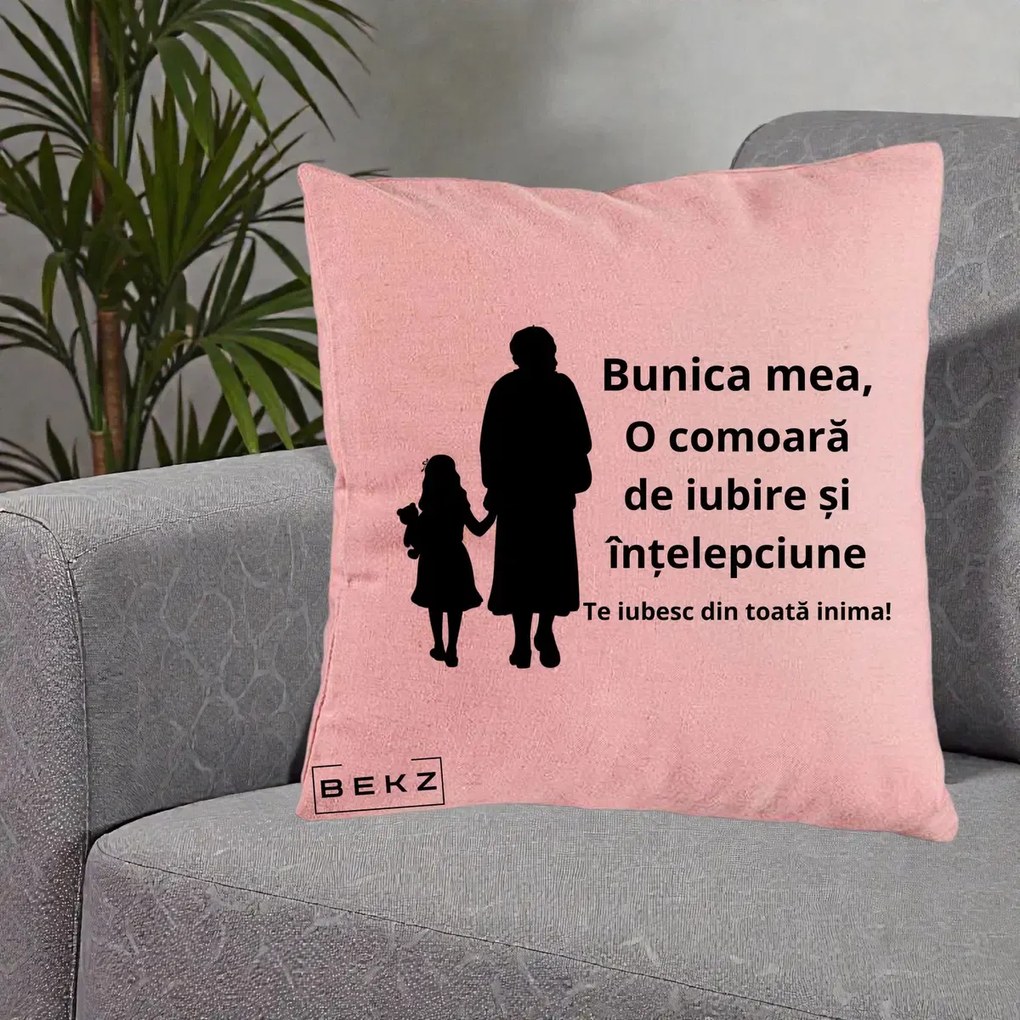 Cadou pentru Bunica - Perna Personalizata Bunica Mea Comoara Iubire Intelepciune Silueta, 40x40 cm, Roz, Husa Detasabila, Perna Inclusa, BEKZ®