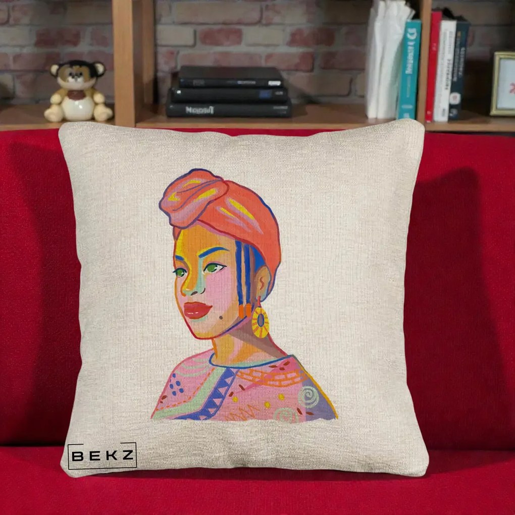 Perna Decorativa Portret Femeie Africana, 40x40 cm, Bej Canapea, Husa Detasabila, Perna Inclusa, BEKZ®