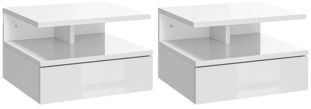 HOMCOM Set de 2 Noptiere Suspendate cu Raft Superior, Design Modern, Lemn, Alb Lucios, 35x32x22.5cm | Aosom Romania