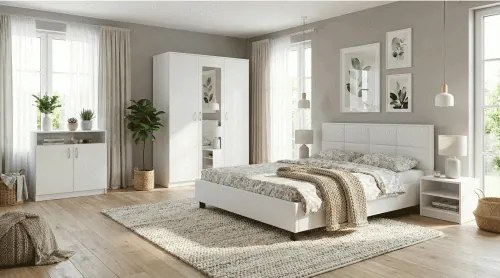 Dormitor Soft Alb cu pat tapitat alb pentru saltea 160x200 cm