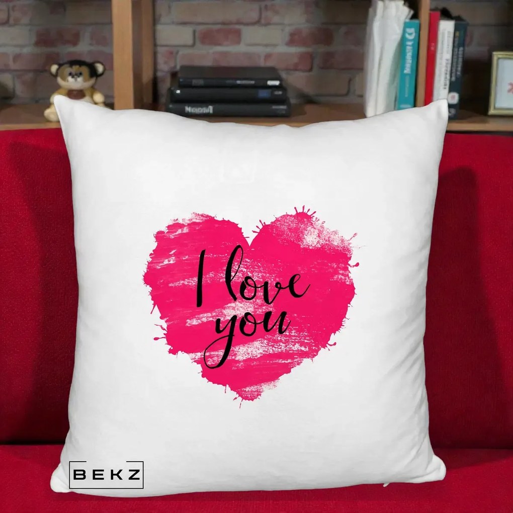 Cadou Romantic - Perna Personalizata I Love You Inima Roz, 40x40 cm, Alb Pufos, Husa Detasabila, Perna Inclusa, BEKZ®
