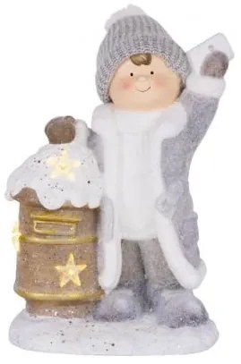 Decoratiune Craciun, ceramica, baiat cu cutie postala inzapezita, LED, 3xAA, 33x23x45 cm