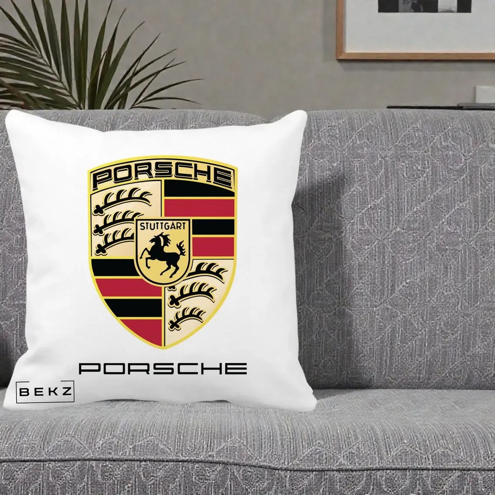 Perna Personalizata Porsche Stuttgart, 40x40 cm, Alba Mata, Husa Detasabila, Perna Inclusa, BEKZ®
