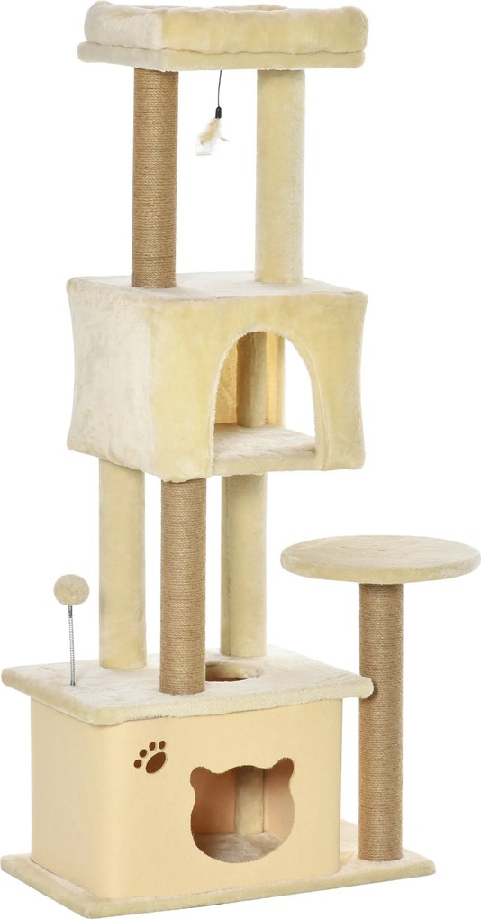 PawHut Ansamblu de joacă pentru Pisici Înalt 136 cm cu Căsuță Detașabilă, Căsuță și Pătuț, Stâlpi din Iută, Bej | Aosom Romania