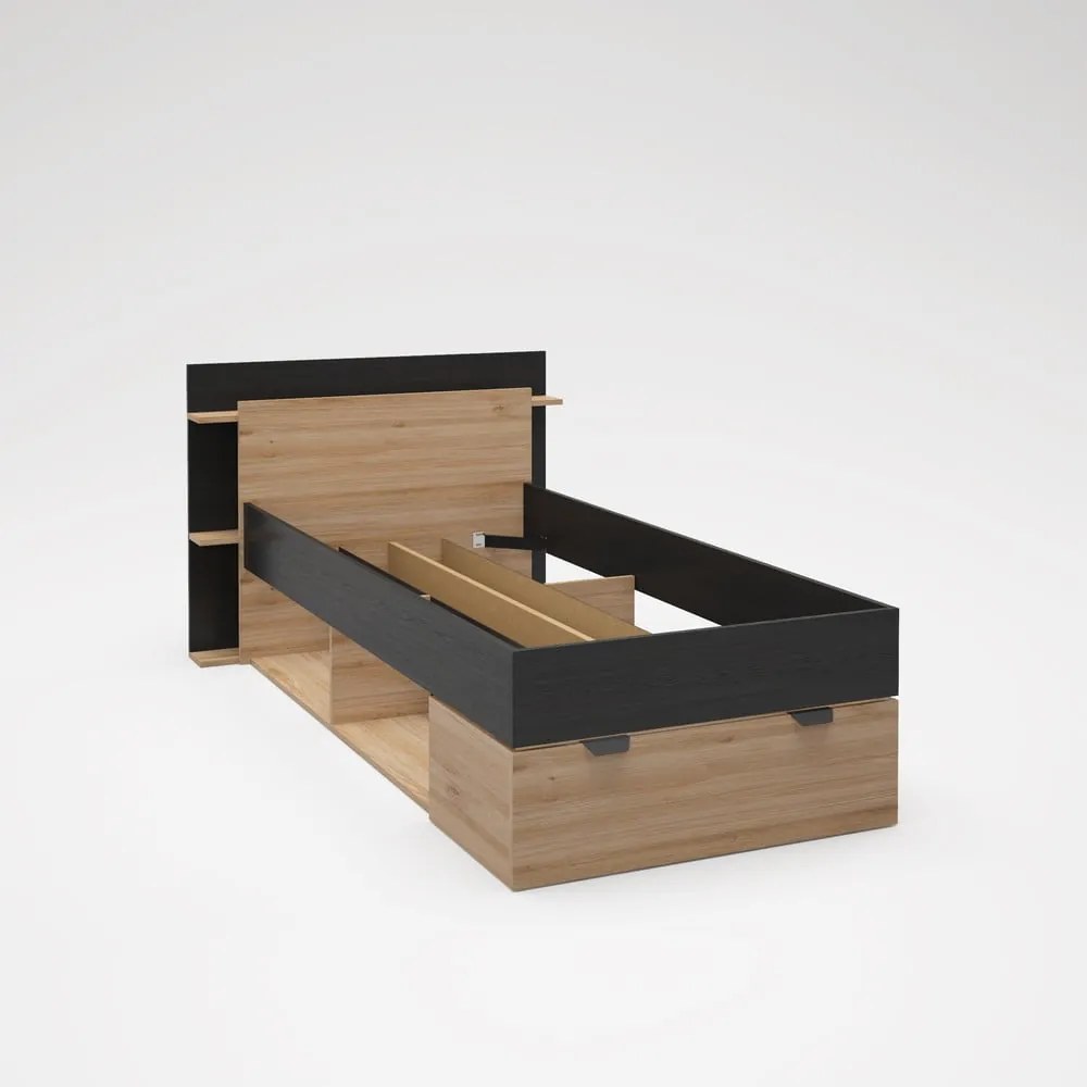 Pat negru/în culoare naturală cu aspect de lemn de stejar cu spațiu de depozitare fără somieră 90x200 cm Albo – Marckeric