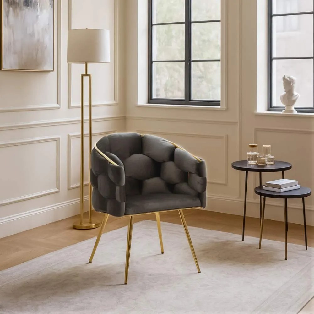 Scaun living gri din catifea cu picioare aurii metalice BUC 251