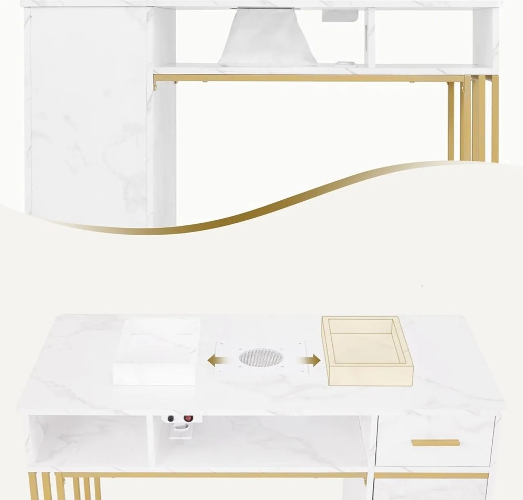 MANIAU201 - Masuta manichiura, 112 cm, cu aspirator incorporat, masa cosmetica - Alb - Imitatie de marmura - Auriu